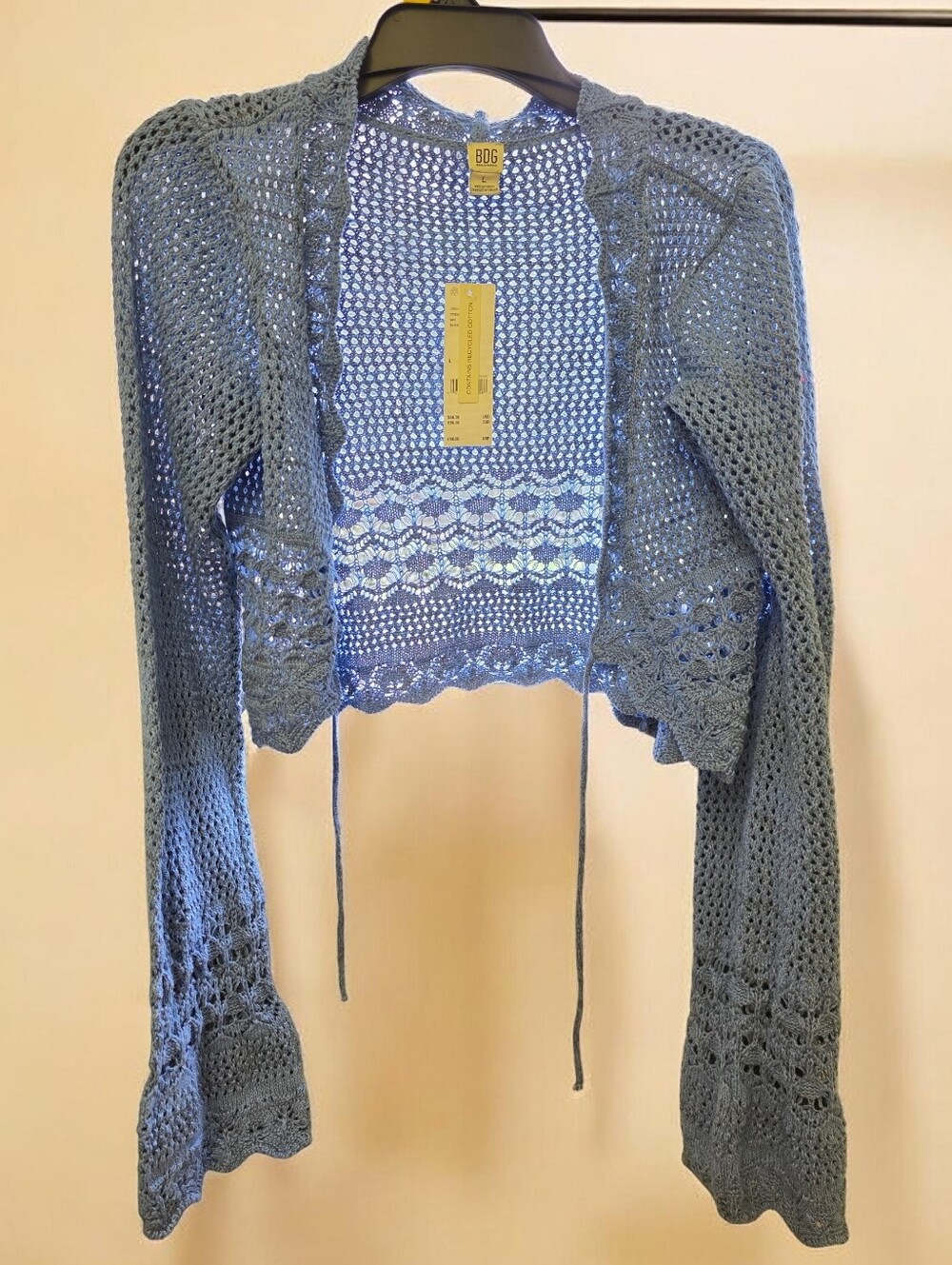 Urban Outfitters Blue Open-Knit Cropped Tie-Front Cardigan